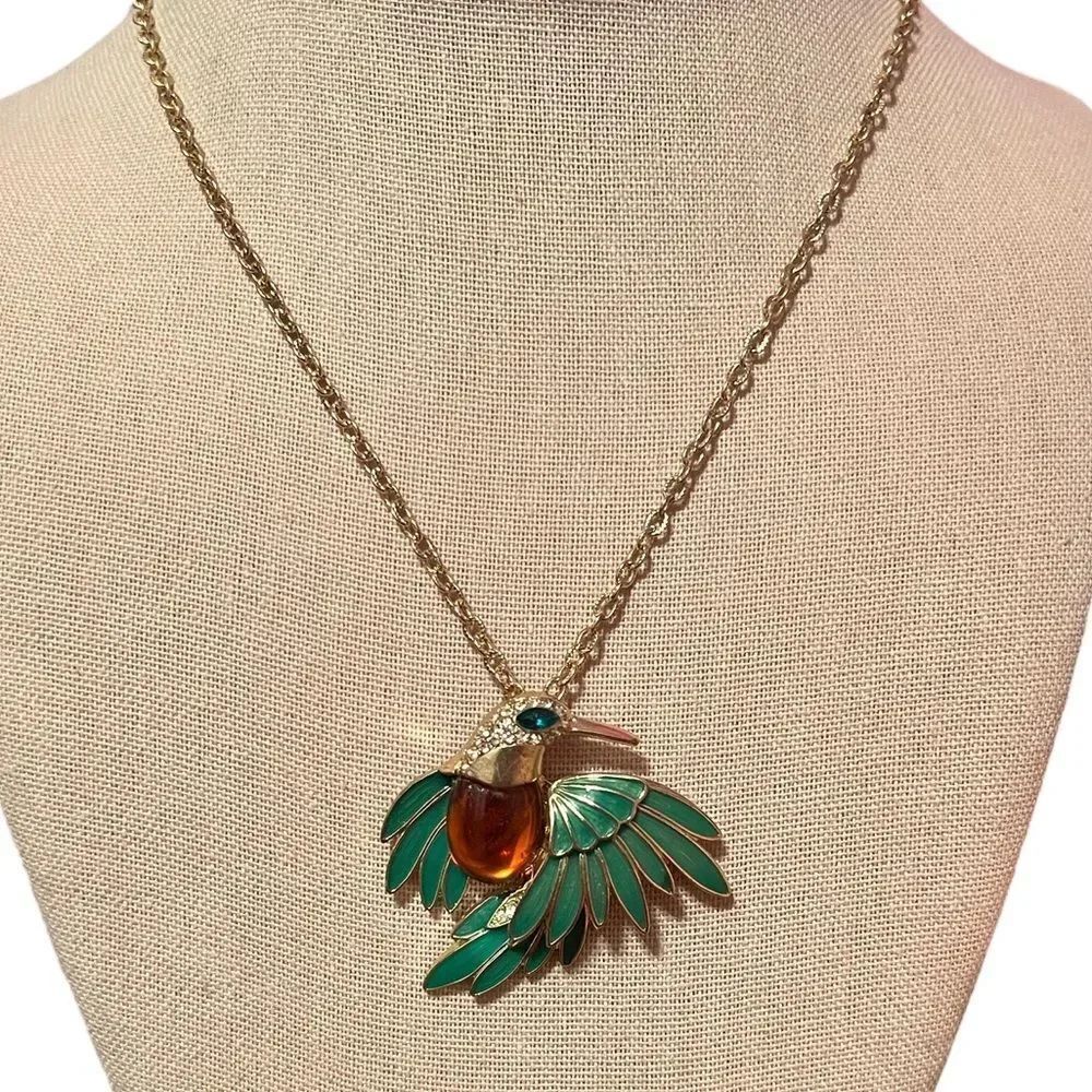 Gorgeous Gold Tone Green Enamel Amber Color Rhinestone Bird Long Necklace
